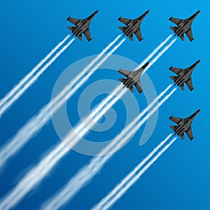 Military fighter jets with condensation trails in sky vector illustration