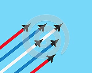 Military fighter jets with trails on a blue background. Vector airplane show illustration