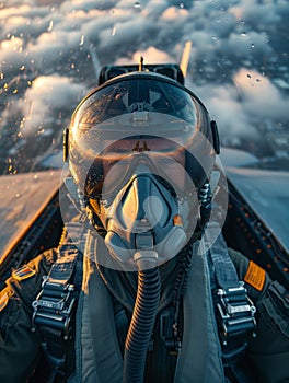 Military fighter pilot in cockpit flies supersonic fighter jet over the clouds