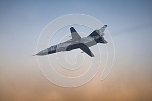 Military fighter plane with variable sweep wing on sky background.