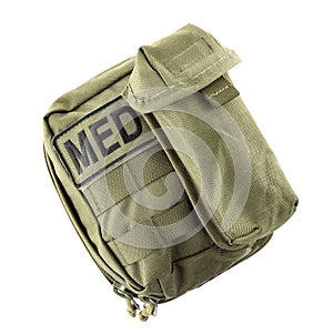 Military first aid kit isolated on white, top view