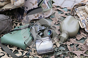 Military flask, pot and a binoculars