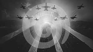 A military flyover during a parade wide shot