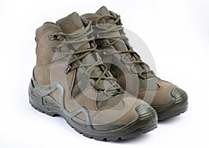 Military footwear shoes , pair of boots isolated