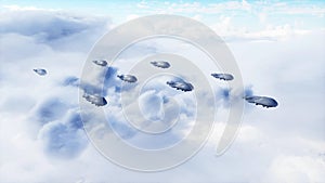 military futuristic ship fly in the clouds. Invasion. 3d rendering.