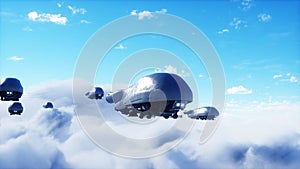 military futuristic ship fly in the clouds. Invasion. 3d rendering.