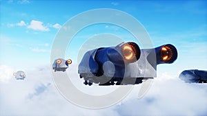 military futuristic ship fly in the clouds. Invasion. 3d rendering.