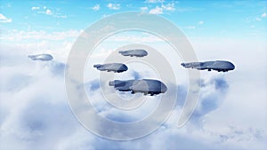 military futuristic ship fly in the clouds. Invasion. 3d rendering.