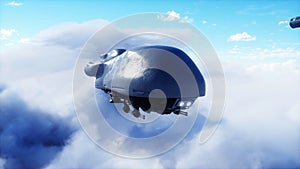 military futuristic ship fly in the clouds. Invasion. 3d rendering.