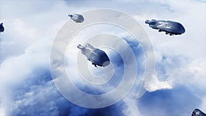 military futuristic ship fly in the clouds. Invasion. 3d rendering.