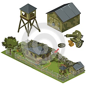 Military garrison, garage, tower and machine gun