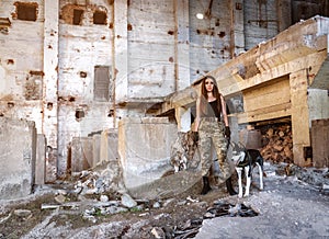Military girl with husky dog