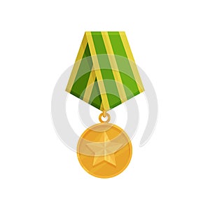 Military golden medal with star and green-yellow ribbon. Shiny army award for honor. Symbol of victory. Flat vector