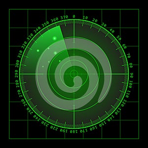 Military green radar screen with target. Futuristic HUD interface. Stock vector illustration.