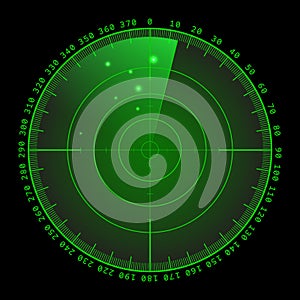 Military green radar screen with target. Futuristic HUD interface. Stock vector illustration.