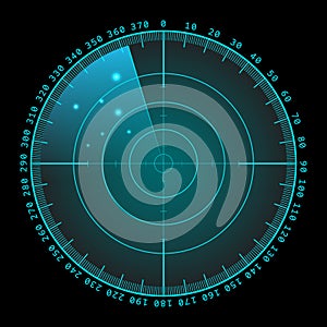 Military green radar screen with target. Futuristic HUD interface. Stock vector illustration.