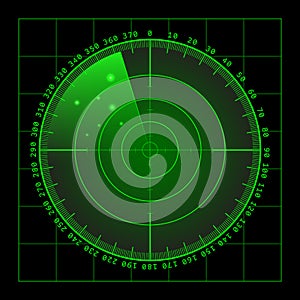 Military green radar screen with target. Futuristic HUD interface. Stock vector illustration.