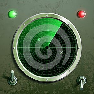 Military green radar. Screen with the target and toggle switches