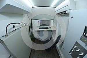 Military ground mobile radar operator compartment, workplace, control panel working