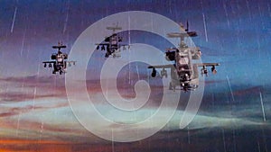Military gunships flying with dramatic sky