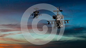 Military gunships flying with dramatic sky