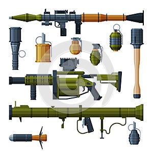 Military Hand Grenade and Bazooka Portable Rocket Launcher Collection, Combat Army Weapon Objects Flat Style Vector