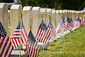 Military Headstones and American Flags on Memorial Day Shallow Depth of Field