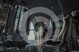 Military heavy cargo aircraft C130 or C 130 Hercules cockpit or cabin from below conveys aviation, aeronautics, navigation concept