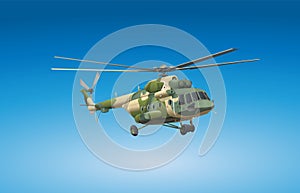 Military helicopter 3d blueprint. Industrial isolated image. War copter. Vector illustration Blue sky wallpaper