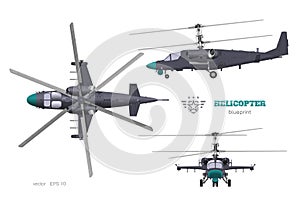 Military helicopter 3d blueprint. Top, side and front views of armed air vehicle. Industrial isolated image. War copter