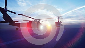 Military helicopter Blackhawk takes off from an aircraft carrier in the morning in the endless blue ocean. 3D Rendering