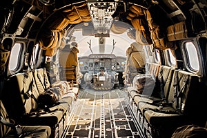 Military helicopter cockpit during a mission.