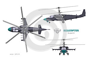 Military helicopter 3d blueprint. Top, side and front views of armed air vehicle. Industrial isolated image. War copter photo