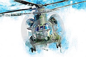 Military helicopter drawing illustration art vintage