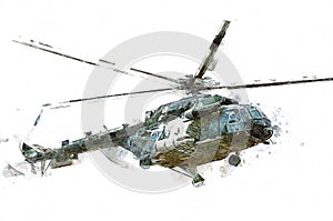 Military helicopter drawing illustration art vintage