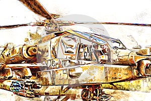 Military helicopter drawing illustration art vintage