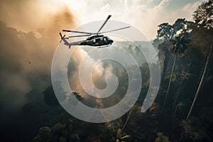 military helicopter flies over smoldering jungle, with smoke rising from the fires