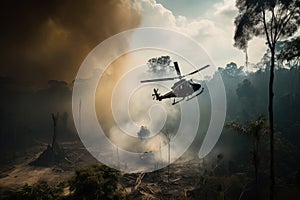 military helicopter flies over smoldering jungle, with smoke rising from the fires