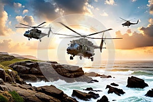 Military helicopter flying in sky over sea during military operation Navy helicopter flying in warzone, AI Generated