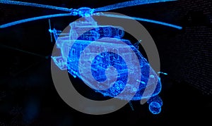 Military helicopter. Glow particles formation helicopter on a black background