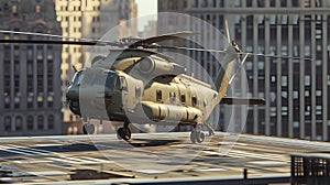 Military helicopter landing on a city rooftop helipad at dusk. urban transportation concept captured in realistic style