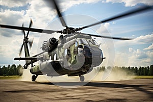 military helicopter with spinning rotor blades