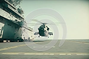 Military helicopter on warship board in the sea. Navy helicopter on board the aircraft carrier. Created with Generative