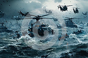 Military helicopters soar above the water in formation