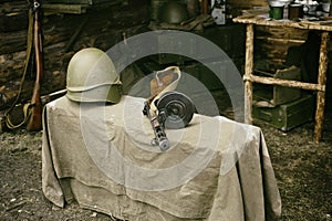 Military helmet and submachine gun Shpagina, reconstruction of life and subjects of second world war