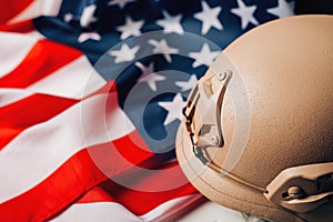 Military helmets and American flag on background