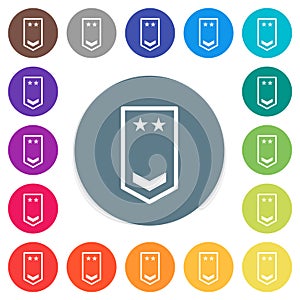 Military insignia with one chevron and two stars flat white icons on round color backgrounds