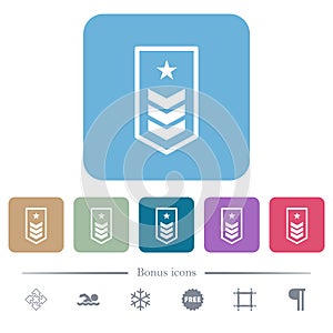 Military insignia with three chevrons and one star flat icons on color rounded square backgrounds photo