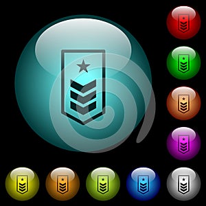 Military insignia with three chevrons and one star icons in color illuminated glass buttons