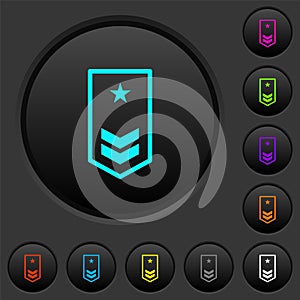 Military insignia with two chevrons and one star dark push buttons with color icons